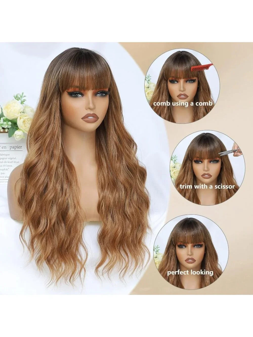 Women's Ombre Brown 26 Inch Natural Looking Heat Resistant Synthetic Wigs Bangs